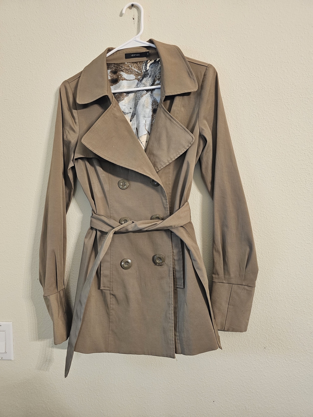 Vertigo Taupe Double-Breasted Trench Coat with Waist Tie